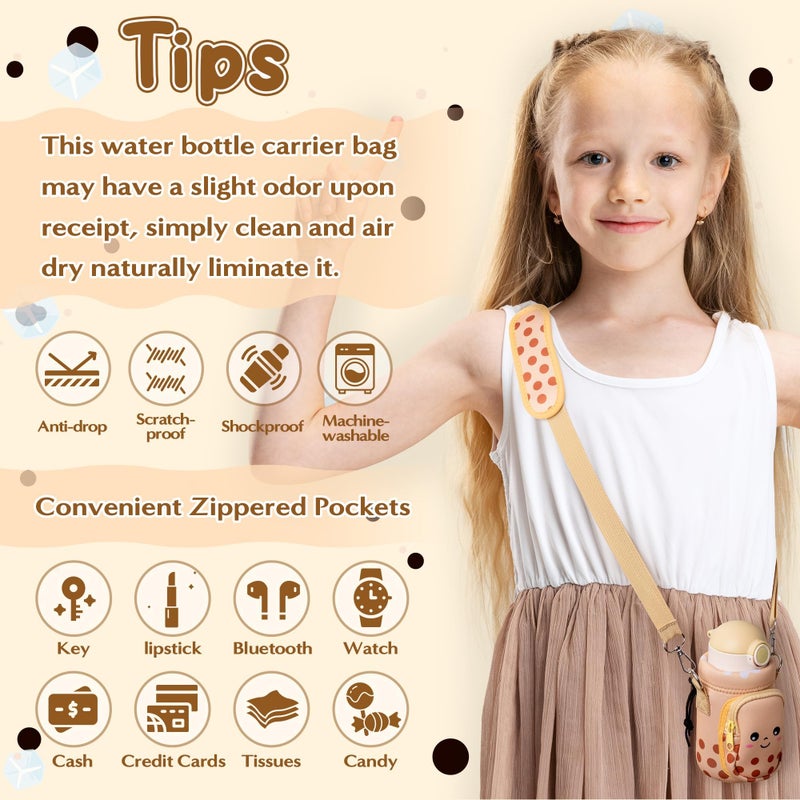 2ooya Bubble Tea Water Bottle Carrier Bag with Strap for Kids - Cute khaki Neoprene Insulated Water Bottle Bag Holder with Padded Strap Pocket 10/12/14/16/18Oz for Boys Girls School Walking Hiking Camping - Image 4